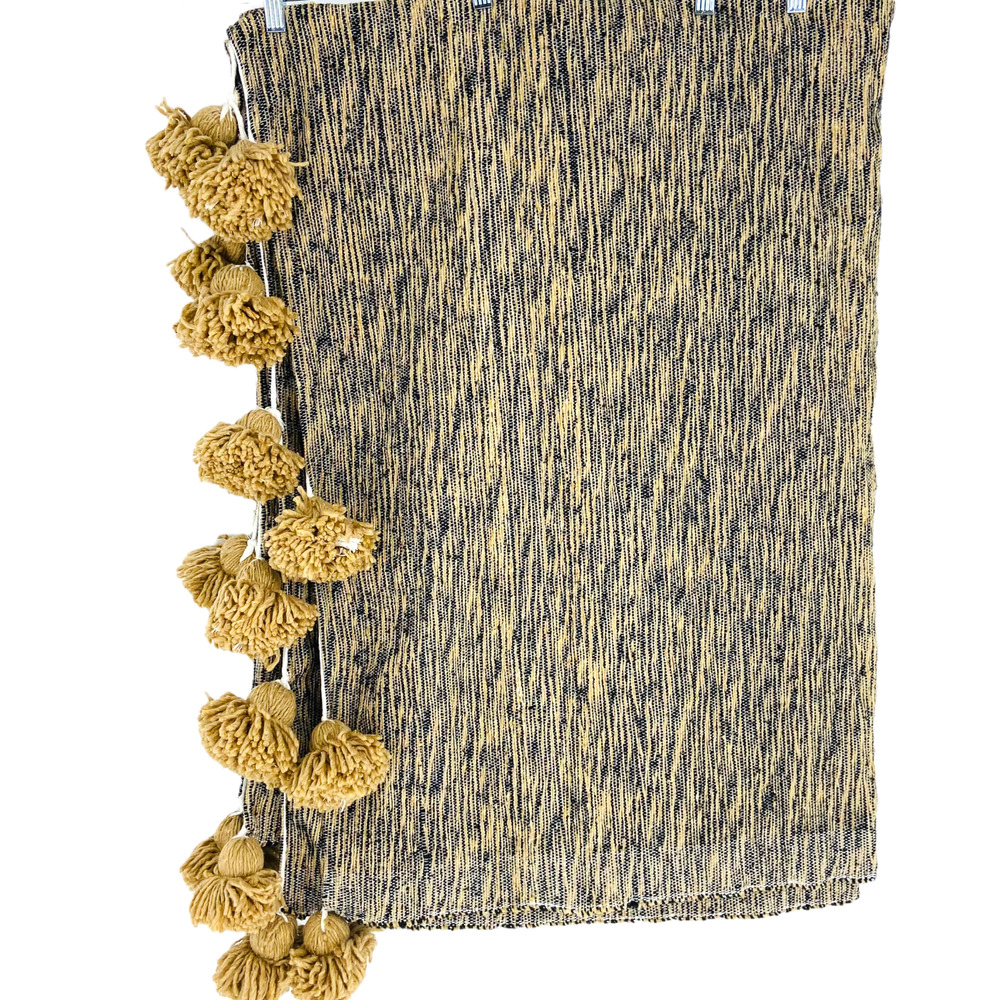NWT Brass Collective Large 102"x63" Tan & Black Pom Pom Woven Textile Blanket